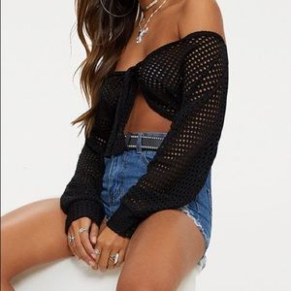 Pretty Little Thing BNWT | Size 10 | Black Fishnet Bardot Tie Front Crop Top - Picture 1 of 9